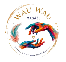 Wau Wau Massages logo – two painted hands and a feather in a golden circle