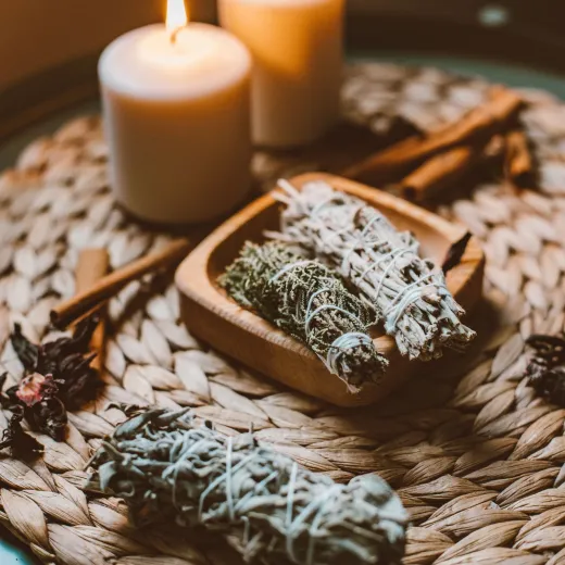 Candles and dried sage in a wooden bowl
